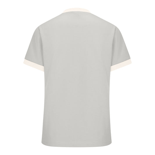 Light grey short-sleeved cotton tee with oat milk ribbed trim