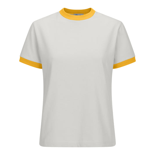Light grey short-sleeved cotton tee with mustard ribbed trim
