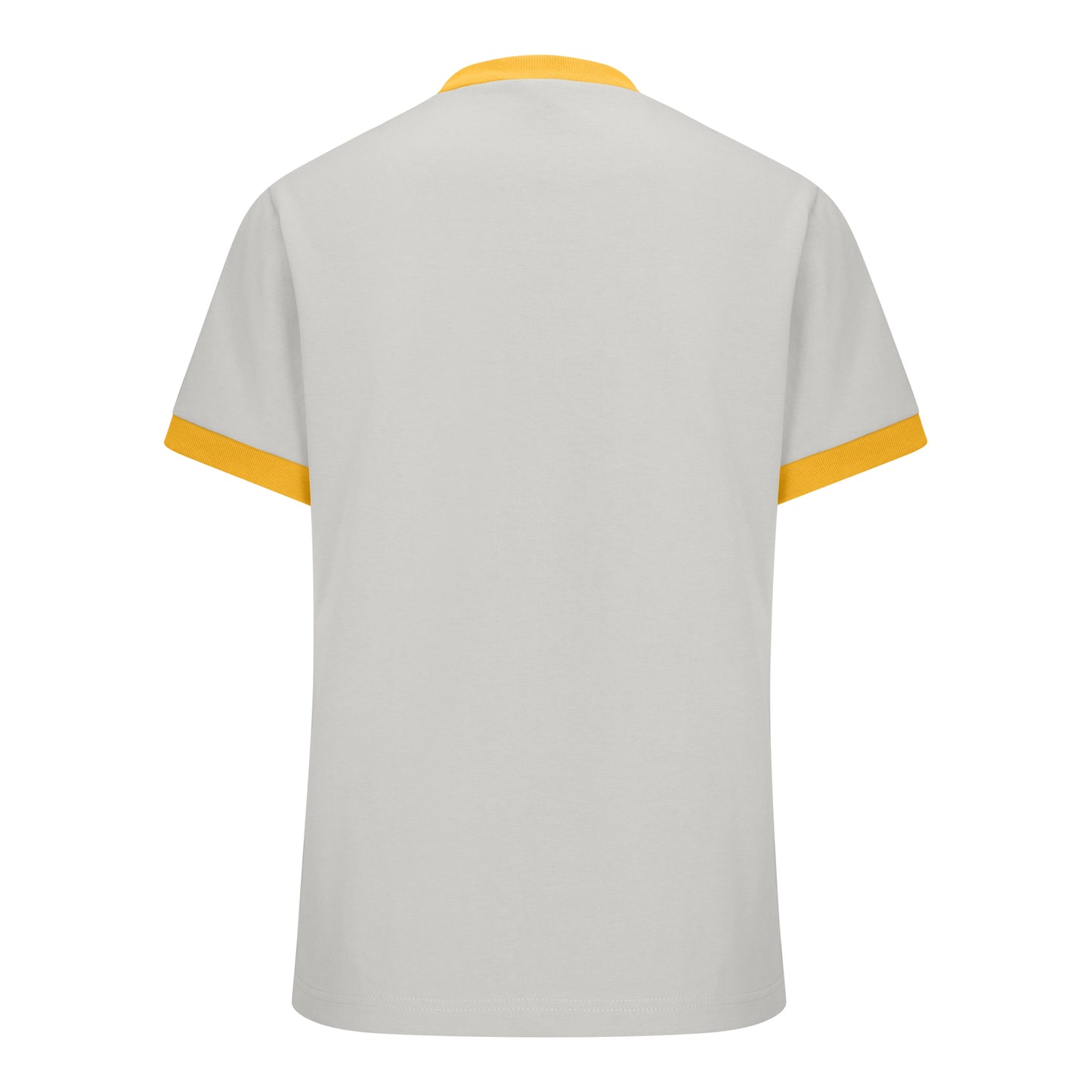 Light grey short-sleeved cotton tee with mustard ribbed trim