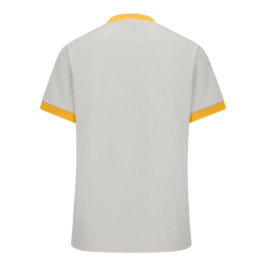 Light grey short-sleeved cotton tee with mustard ribbed trim