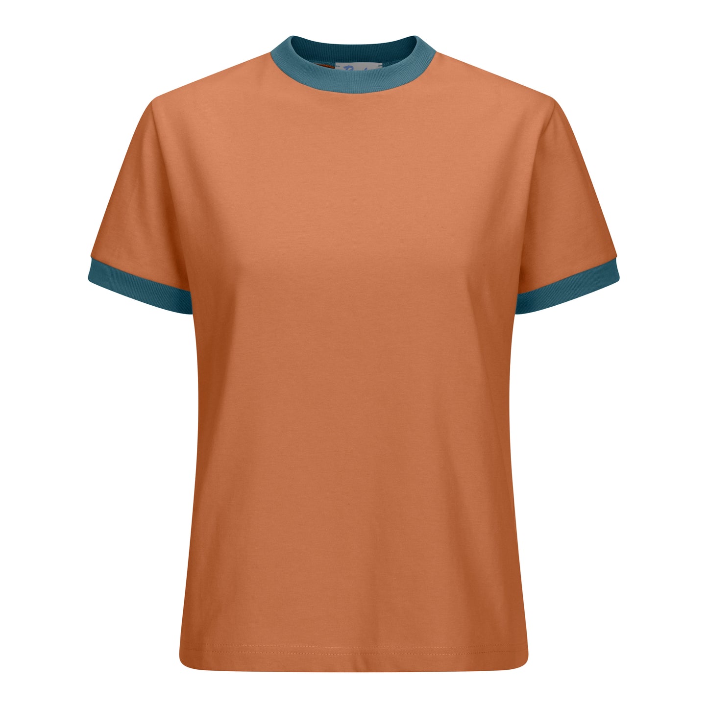 Autumn orange short-sleeved cotton tee with teal ribbed trim