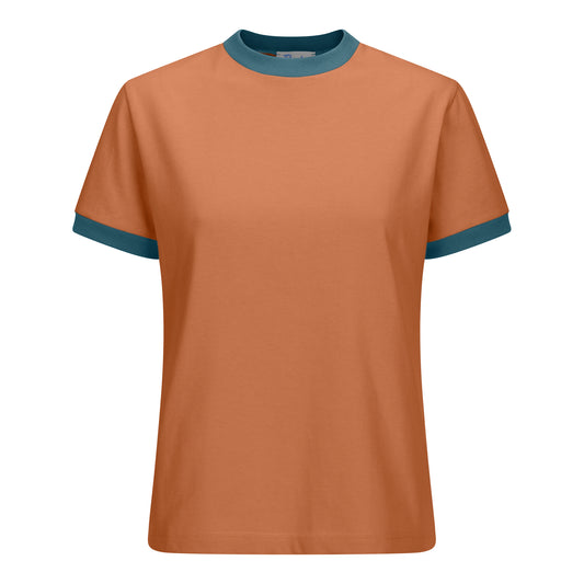 Autumn orange short-sleeved cotton tee with teal ribbed trim