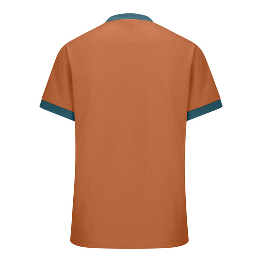 Autumn orange short-sleeved cotton tee with teal ribbed trim