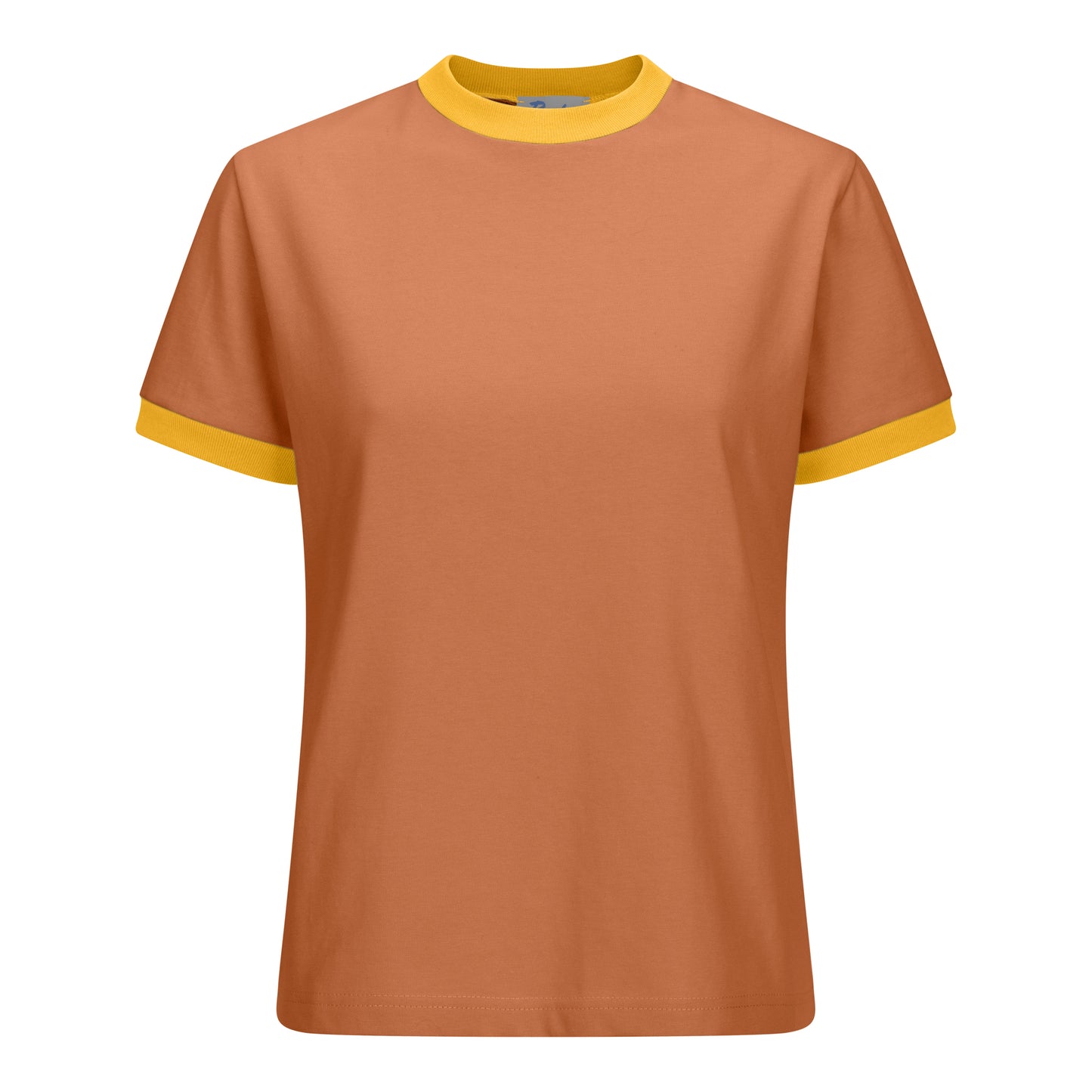 Autumn orange short-sleeved cotton tee with yellow ribbed trim