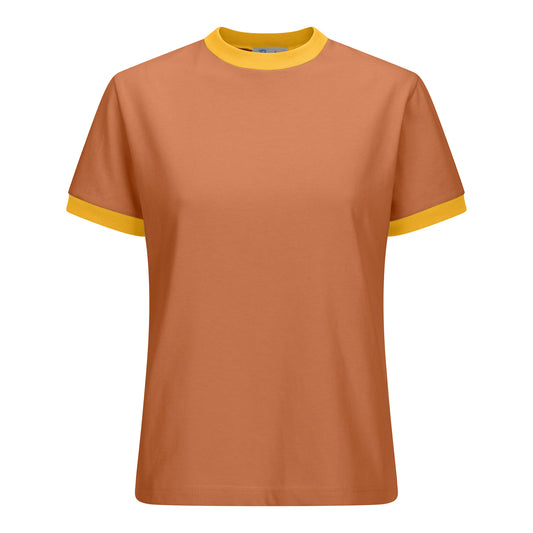 Autumn orange short-sleeved cotton tee with yellow ribbed trim