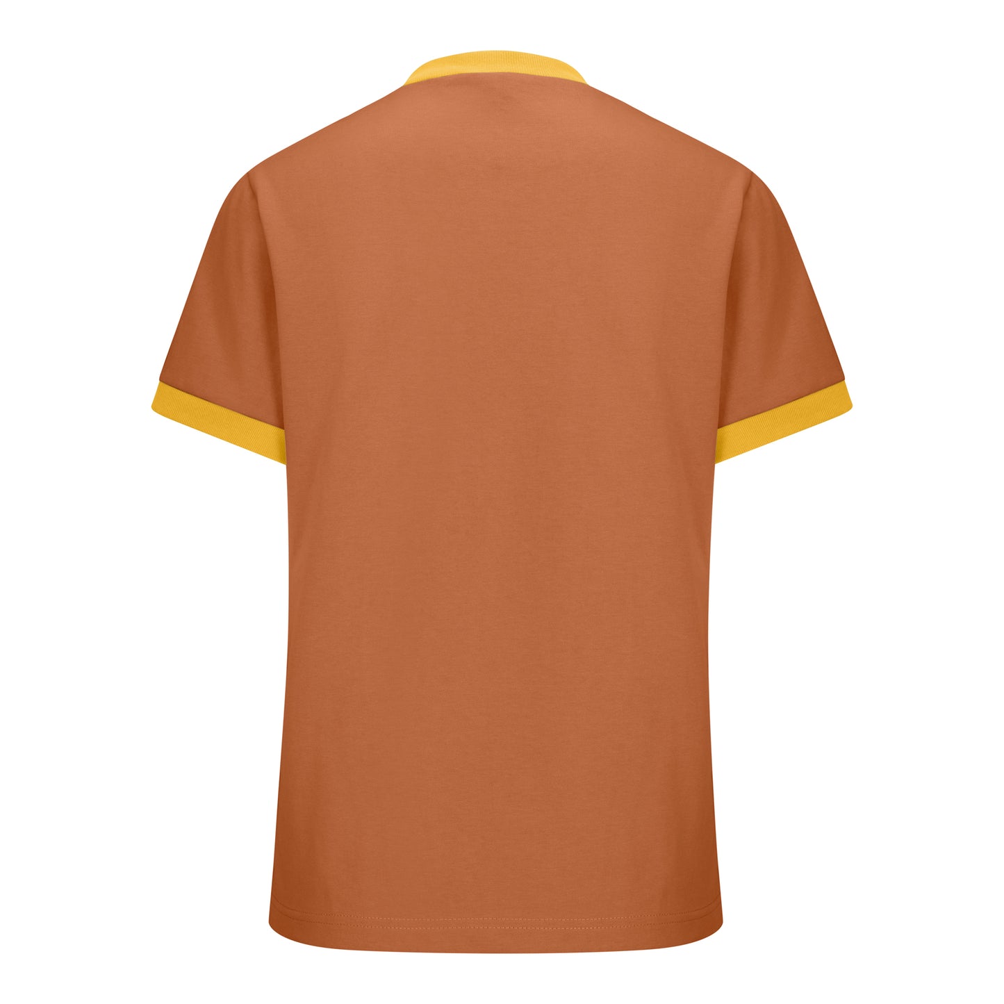 Autumn orange short-sleeved cotton tee with yellow ribbed trim