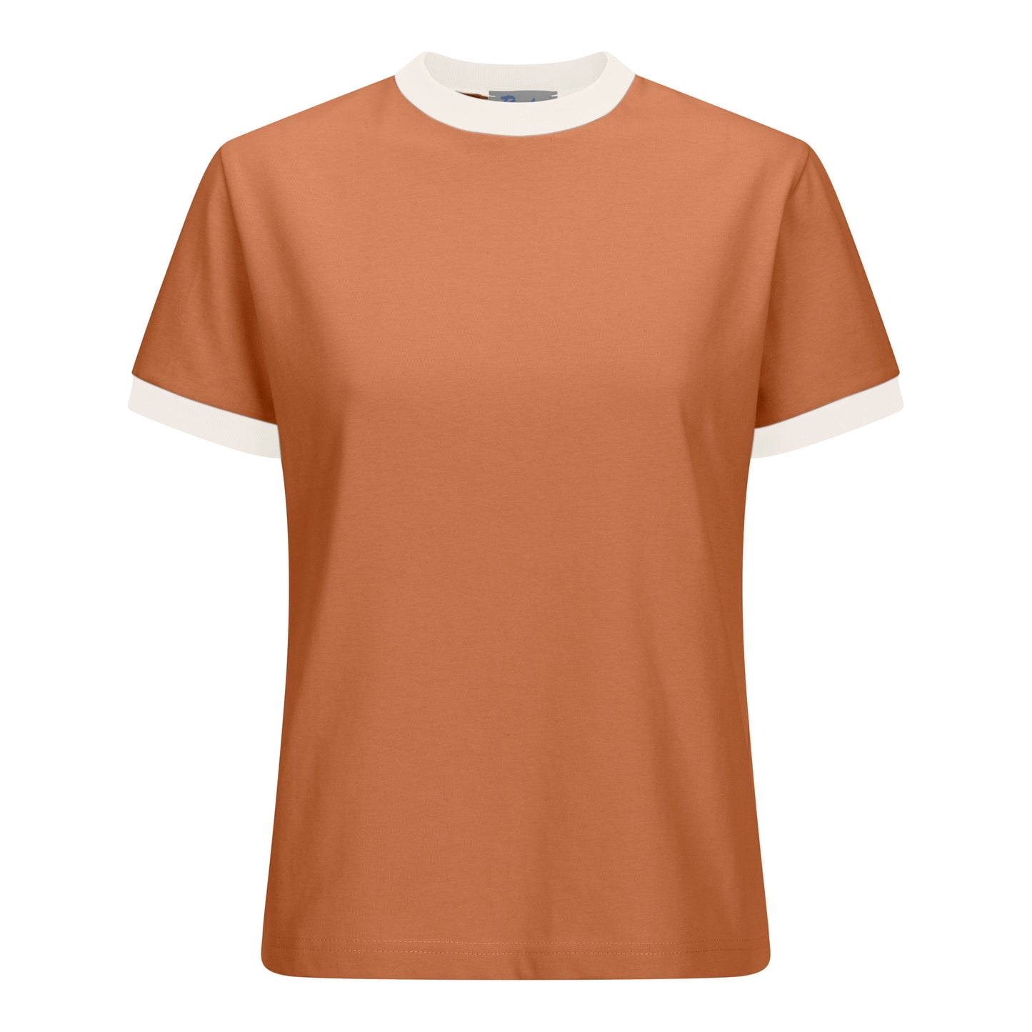 Autumn orange short-sleeved cotton tee with oat milk ribbed trim