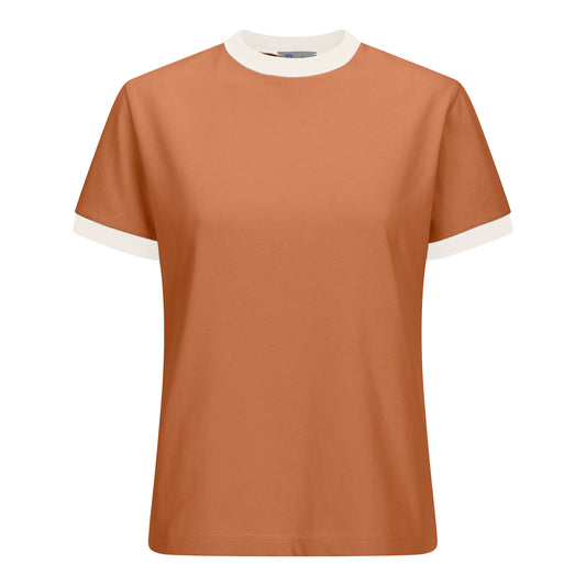 Autumn orange short-sleeved cotton tee with oat milk ribbed trim