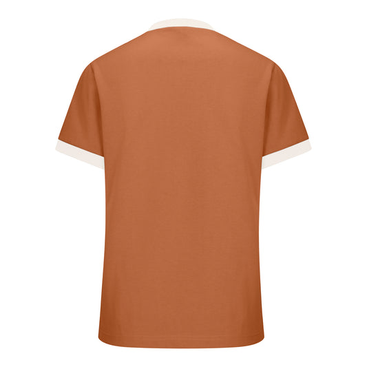 Autumn orange short-sleeved cotton tee with oat milk ribbed trim