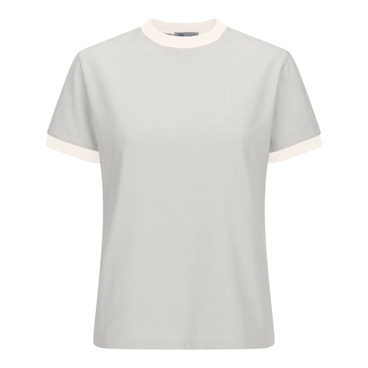 Light grey short-sleeved cotton tee with oat milk ribbed trim