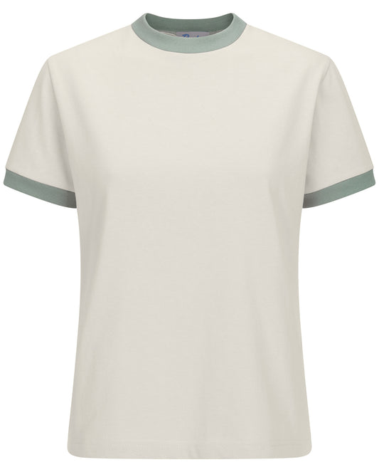 Short-sleeved cotton tee in classic beige oatmeal mix with mint green
