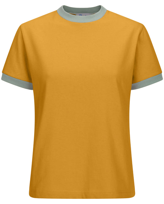 Short-sleeved cotton tee in Portuguese yellow with mint green