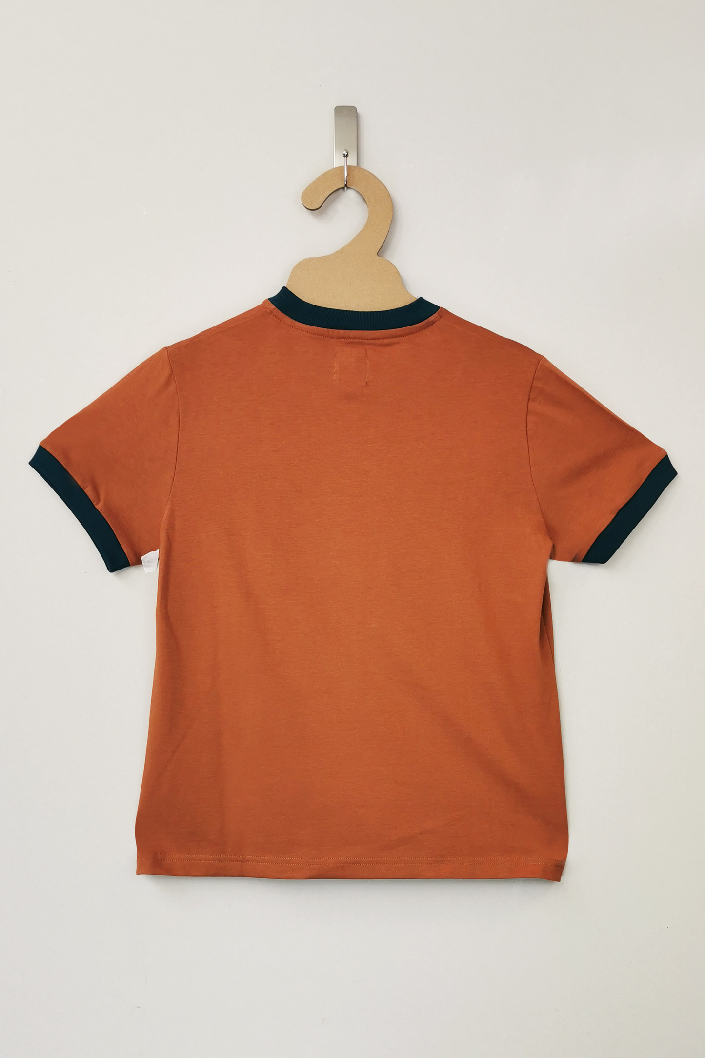 Autumn orange short-sleeved cotton tee with teal ribbed trim