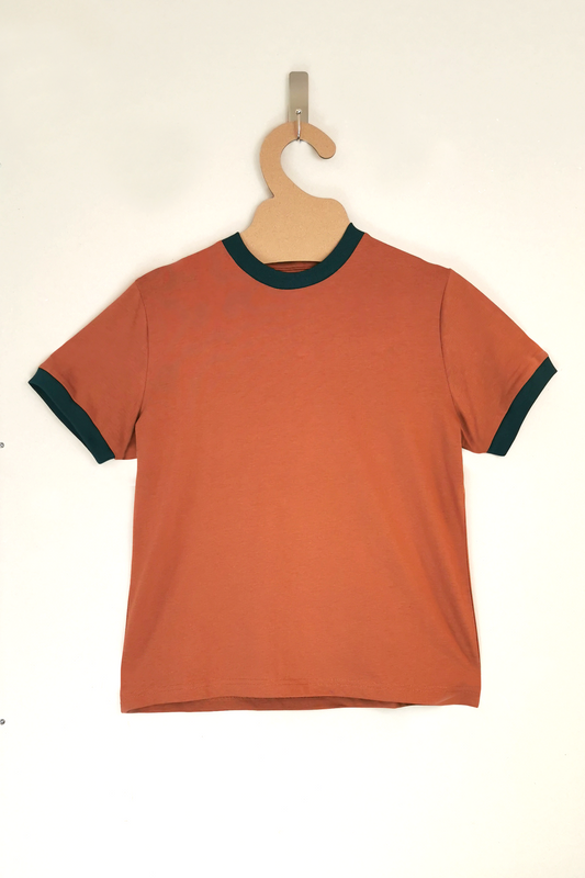 Autumn orange short-sleeved cotton tee with teal ribbed trim