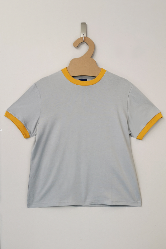 Light grey short-sleeved cotton tee with mustard ribbed trim