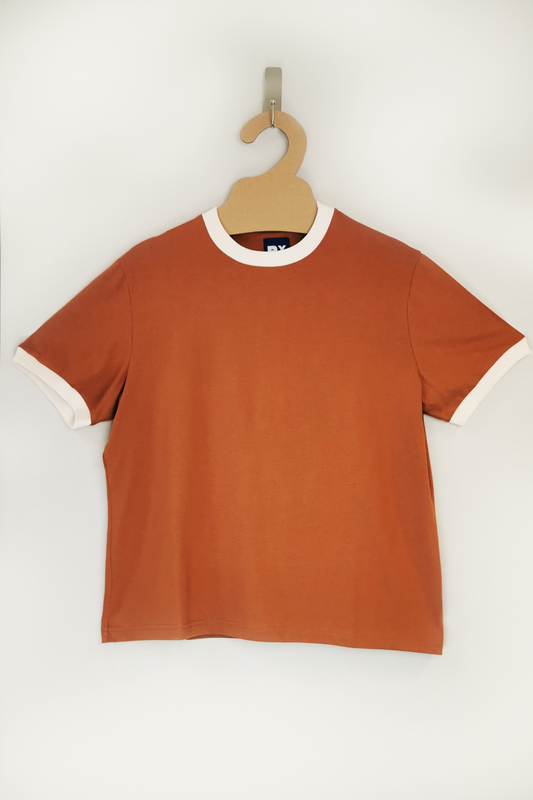 Autumn orange short-sleeved cotton tee with oat milk ribbed trim