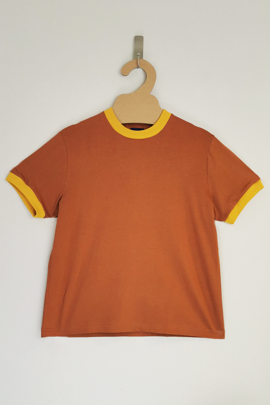 Autumn orange short-sleeved cotton tee with yellow ribbed trim