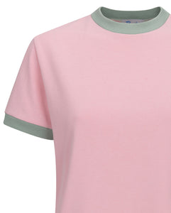 Short-sleeved cotton tee in baby pink with mint green