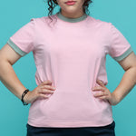 Load image into Gallery viewer, Short-sleeved cotton tee in baby pink with mint green
